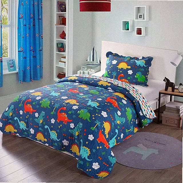 100% Cotton Kids Quilt Bedspread Comforter Set Throw Blanket for Boys Dinosaur