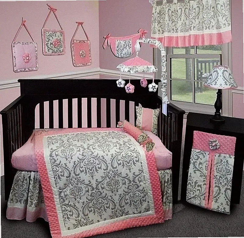 12-Piece Crib Nursery Bedding Set for Infant Baby Girls and Boys - Grey Damask