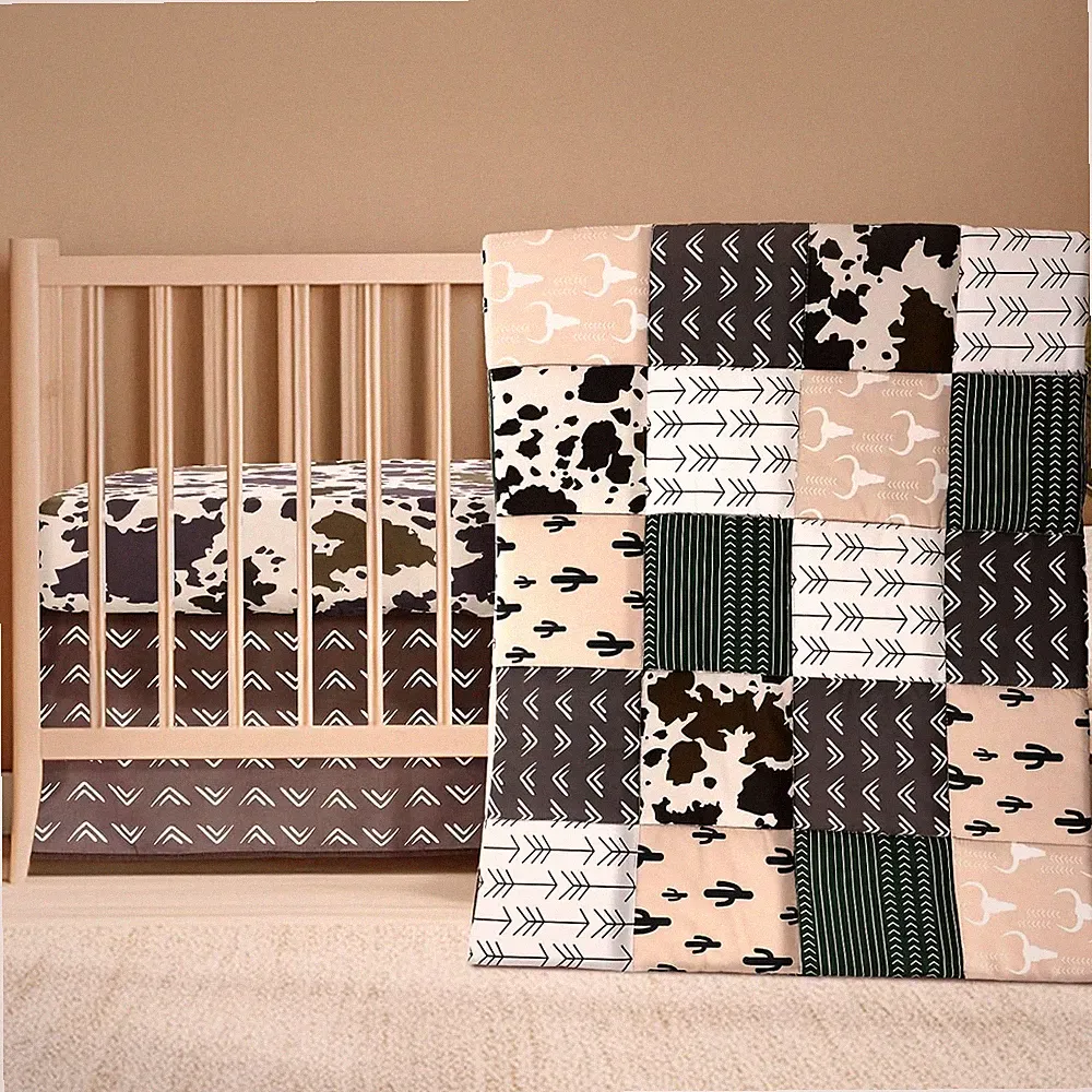 3 Piece Patchwork Western Crib Bedding Set for Boys Girls Cow Cactus Print Baby