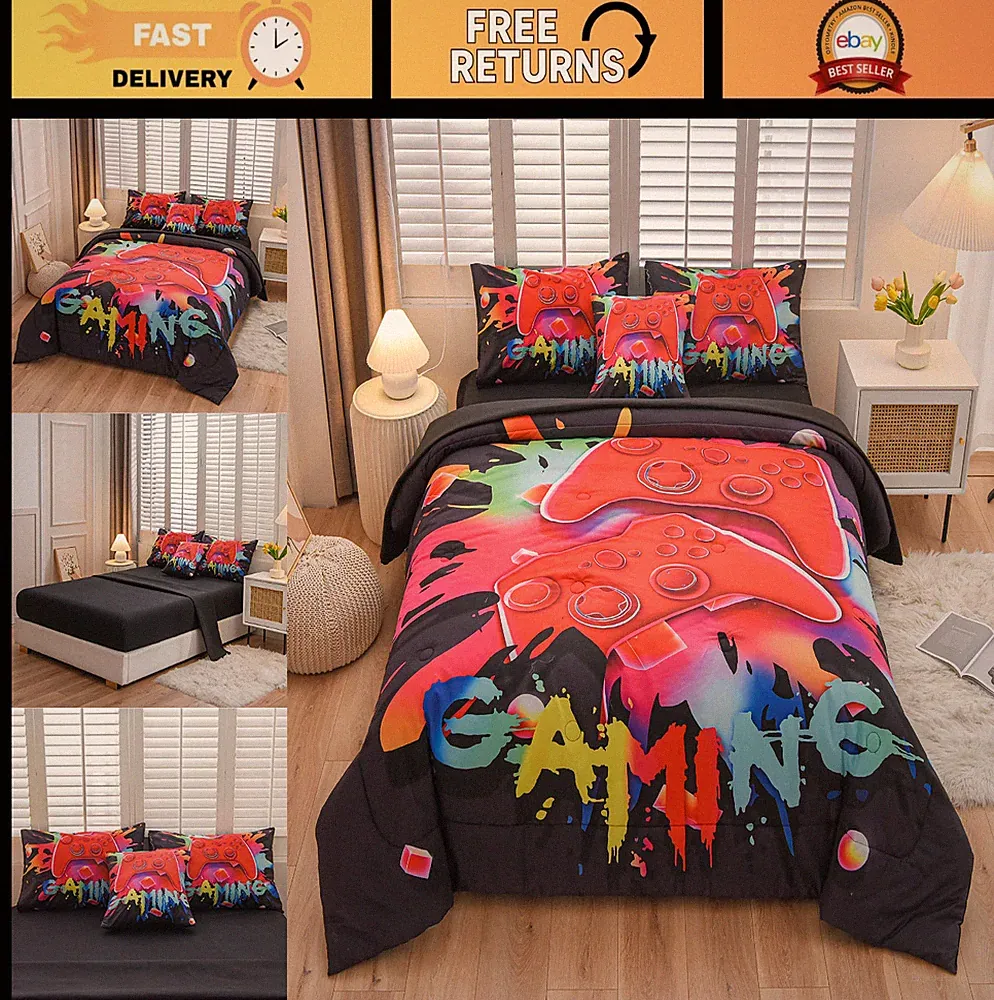 3D Gamepad Comforter Set for Boys - Colorful Gaming Bedding, Twin 6PCS, Modern D