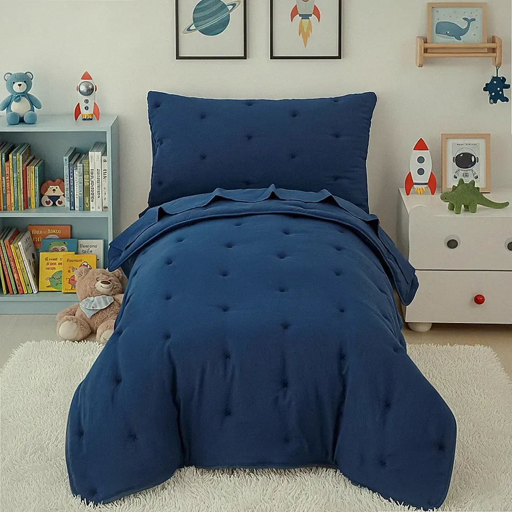 4 Piece Toddler Bedding Sets for Boys, Navy Blue Embroidery Toddler Comforter...