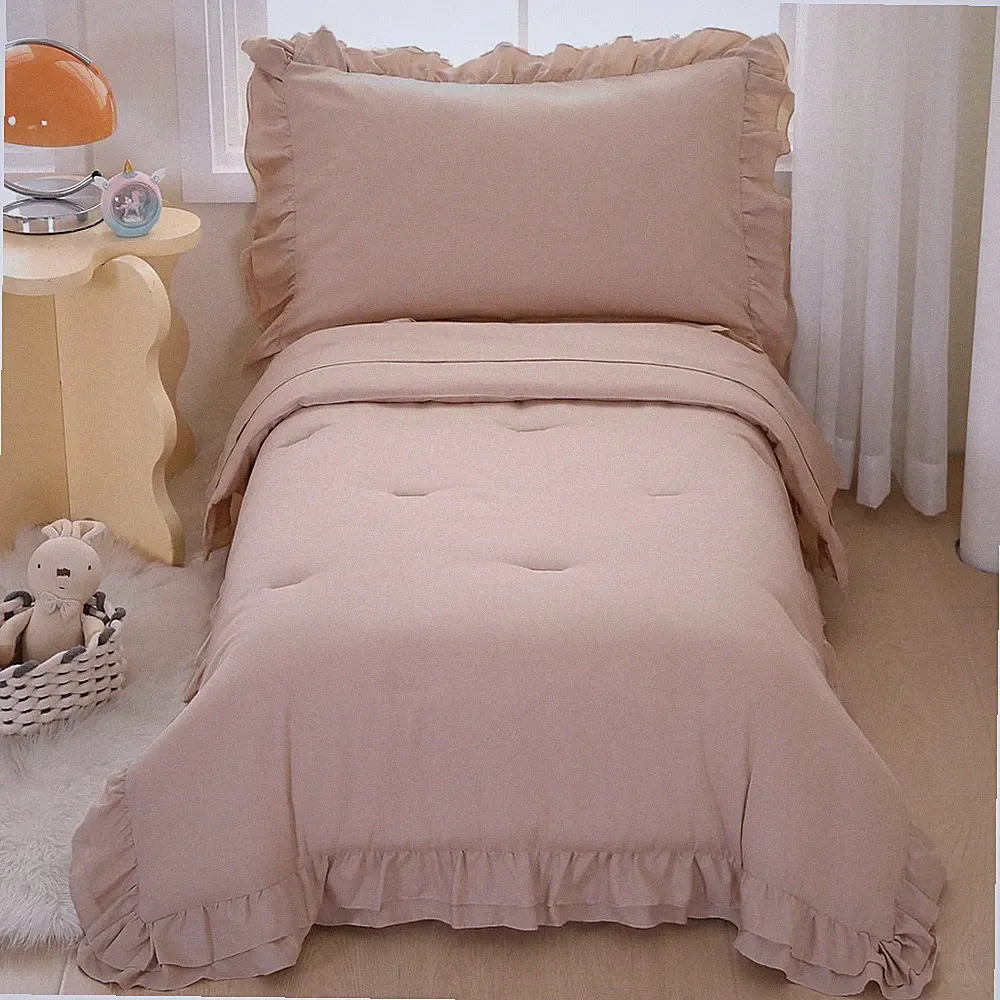 4 Pieces Toddler Bedding Sets for Girls Boys Beige Toddler Bed Set Double Ruffle