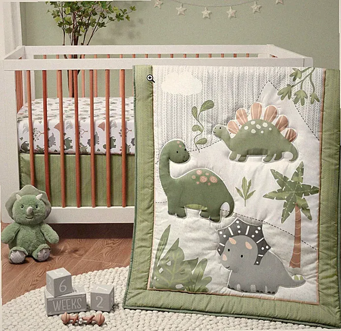 Baby Crib Bedding Set for Boys, Dinosaur Nursery Decor, Camo Sage Green, Crib Co