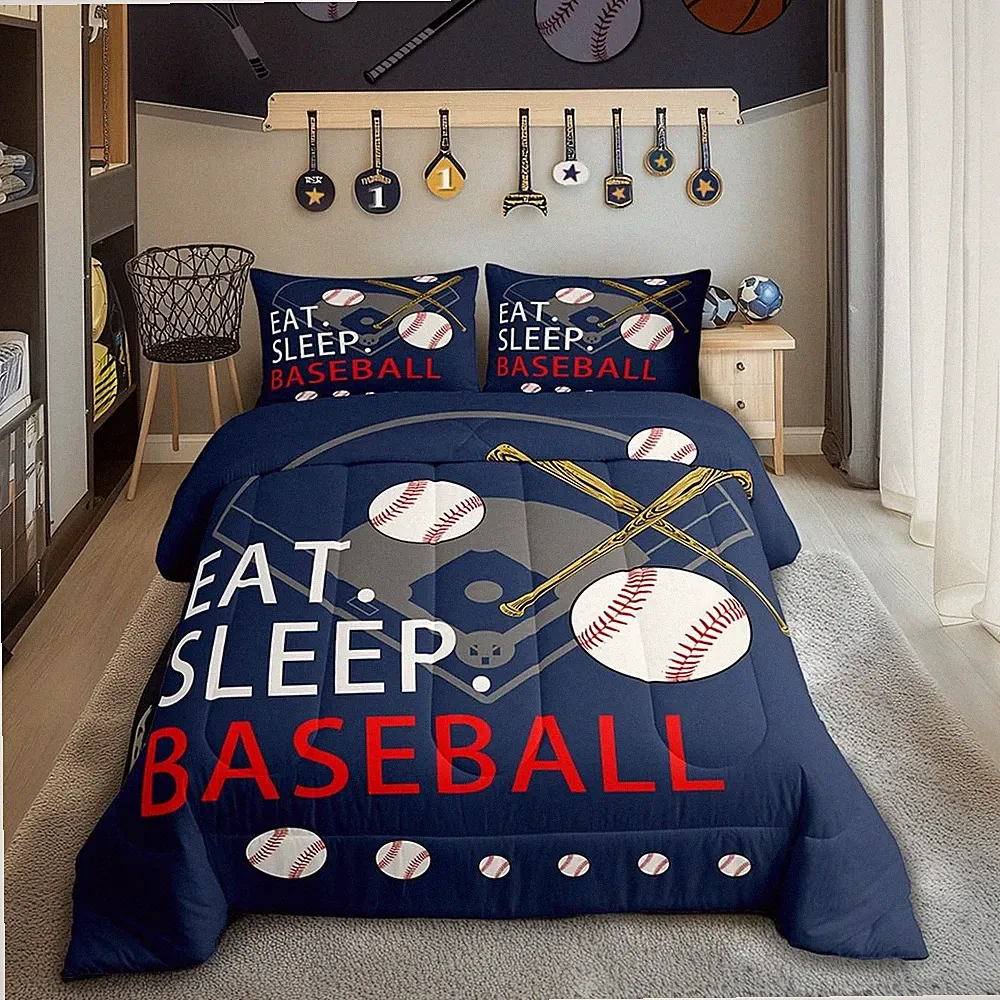 Baseball Gaming Bedding Set Queen Size Navy Blue Comforter Set for Boys Girls...