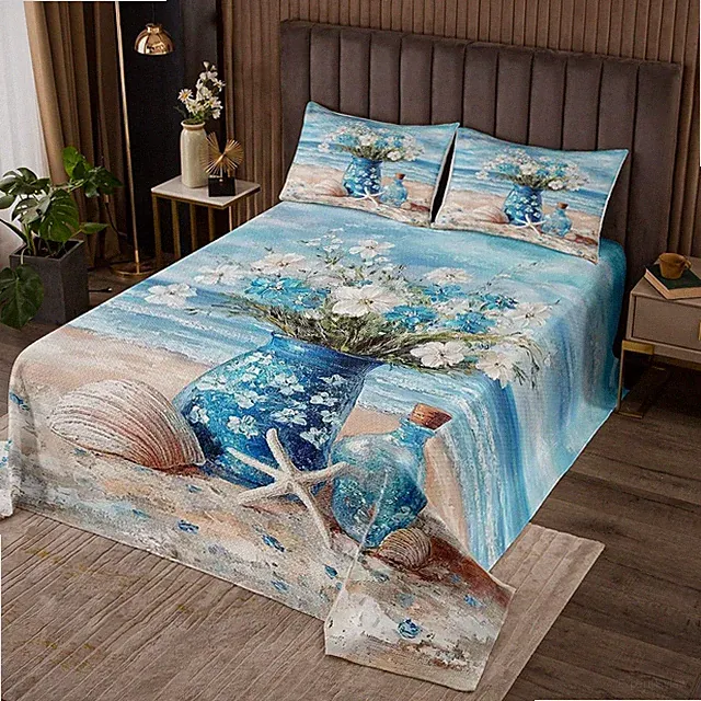 Blue Beach Bedspread King Size Kids Daisy Flroal Coverlet Set for Boys Girls Tee