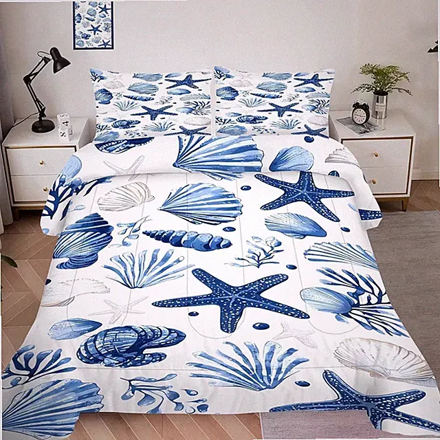 Blue Coastal Bedding Set for Kids Girls Boys Queen Size, Ocean Shell Starfish Co