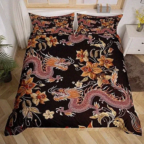 Boys Dragon Duvet Cover Golden Exotic Floral Bedding Set for Kids Full Multi 11