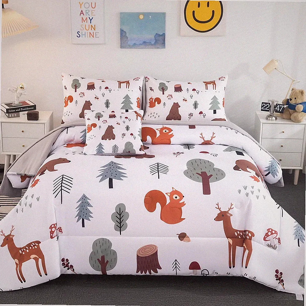 BYHOFMLY Twin Bedding Sets for Boys Girls 6 Pcs White Woodland Animals Kids