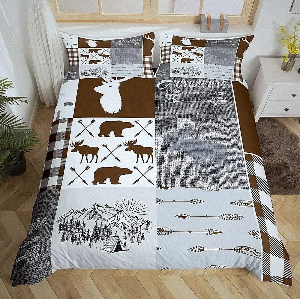 Camping Bedding Set For Boys,Farmhouse Hunting Deer Comforter Cover Rustic Cabin