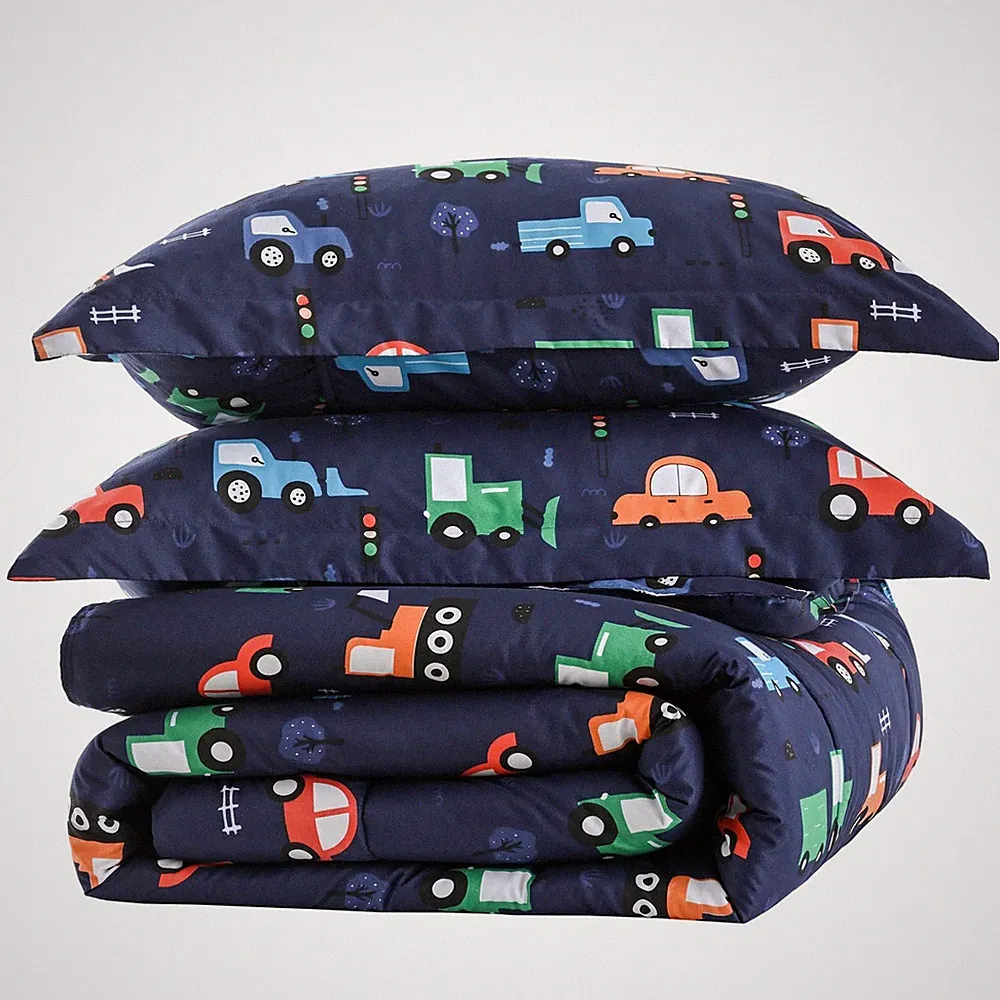 Car Comforter Set for Boys Twin, Cute Reversible Quilted Navy Blue Printed Co...
