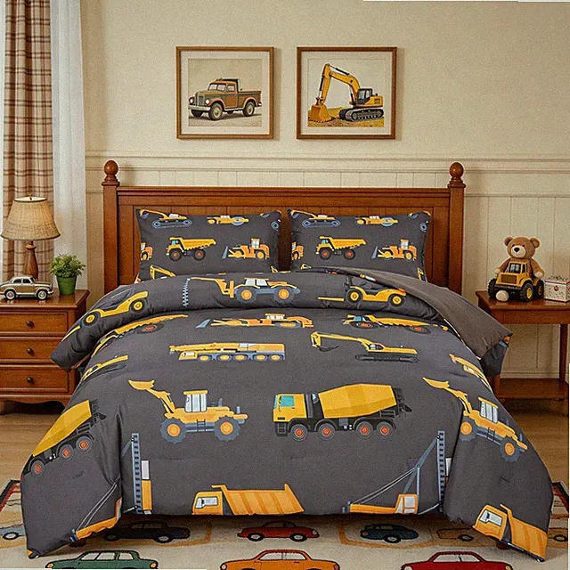 Construction Kids Bedding Set for Boys Queen Size Trucks Dark Grey Comforter Set