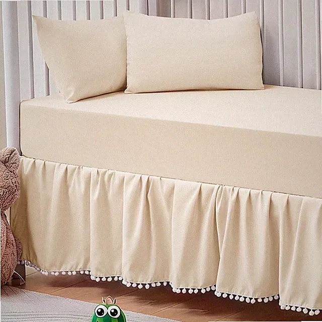 Crib Bed Skirt for Grils Boys, Crib Skirt with Pompoms Dust Ruffles