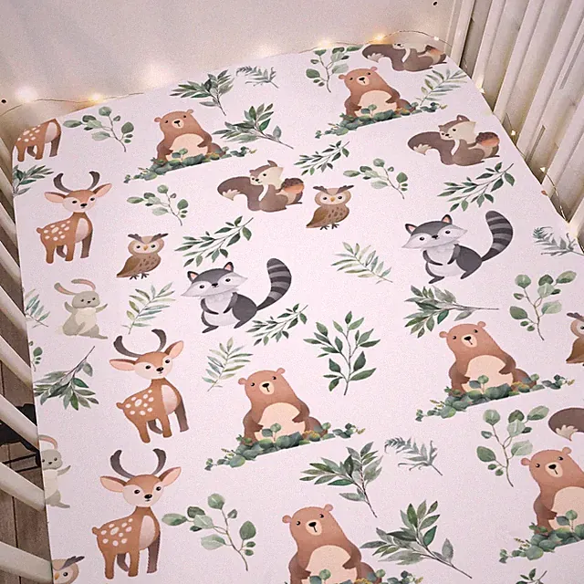 Cute Animals Green Leaves Baby Crib Sheets for Boy Girl 52"x28" Bear Deer Squ...