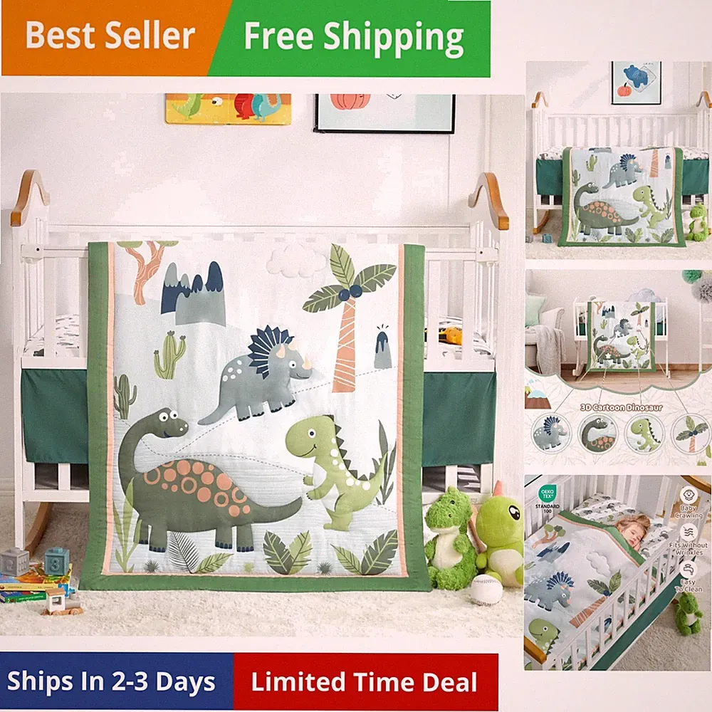 Dinosaur Crib Bedding Set for Boys, 3-Piece Baby Crib Bedding Set, Nursery C...