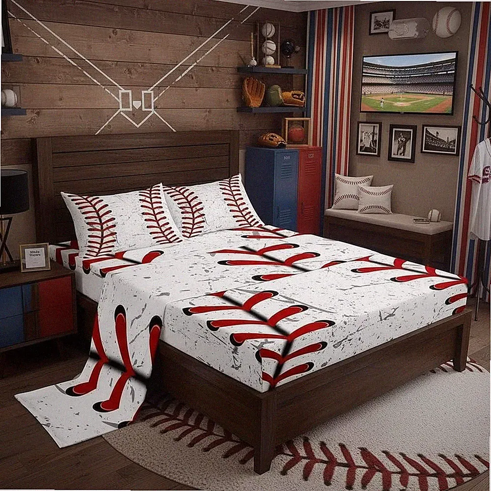 Erosebridal Baseball Bed Sheets for Boys,Red White Baseball Sheet Set for Kid...