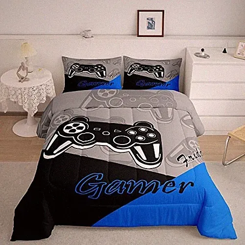 Gaming Comforter for Boys Teen Video Game Bedding Set for Kids Gamer Full Blue