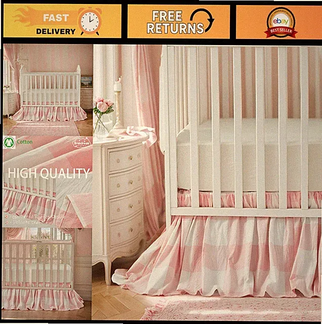Gingham Crib Skirt for Boys & Girls, 100% Cotton, Light Pink Plaid, 4-Sided Dust
