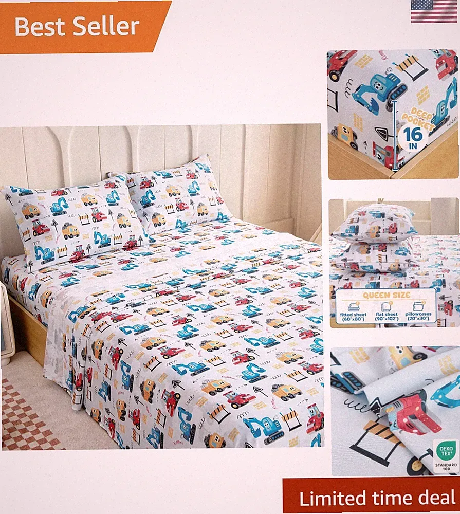 Kids Queen Sheet Set Soft Microfiber Cartoon Bedsheets for Boys Girls Teens