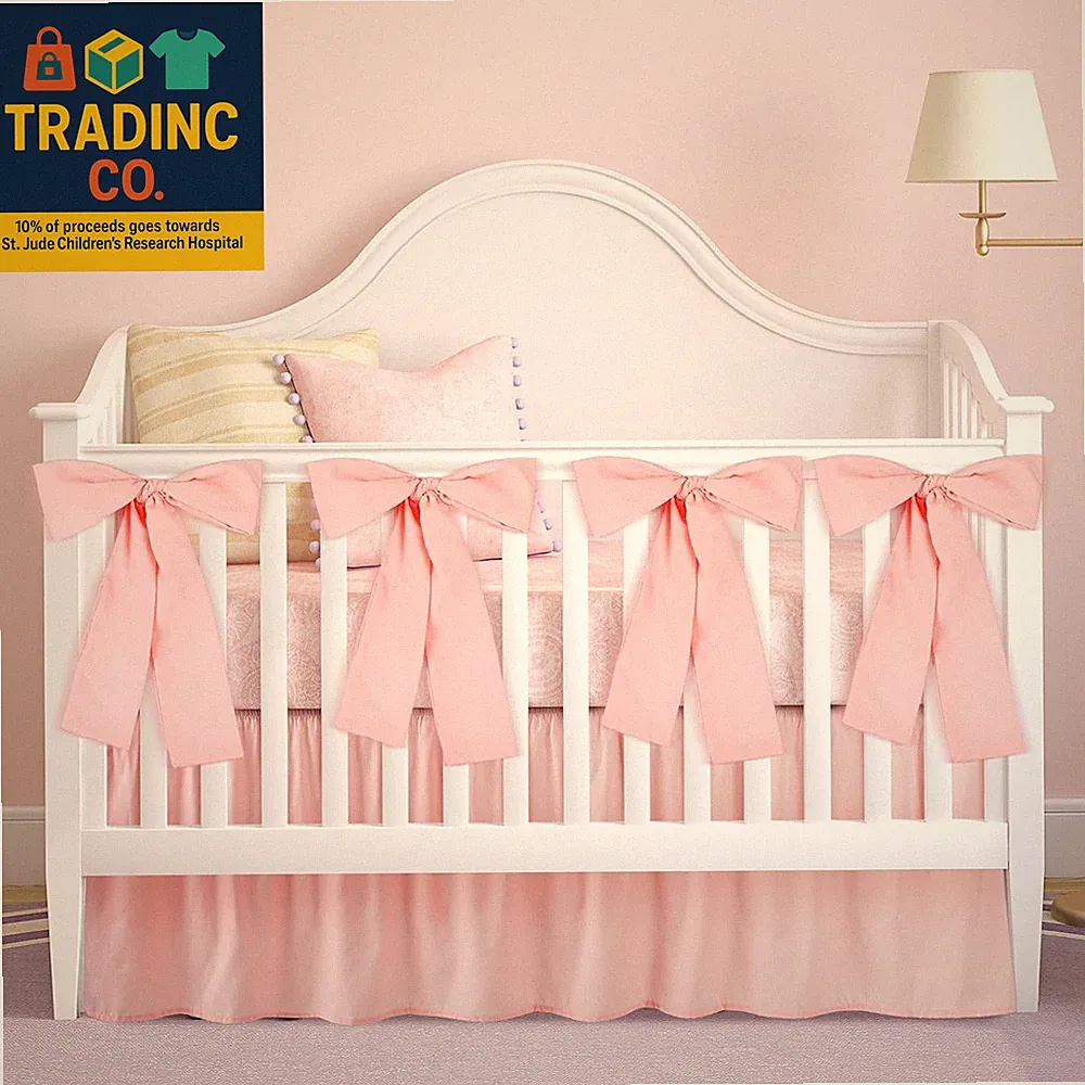 Pink Crib Bed Skirts with 4 Large Cot Bow Baby Crib Skirt for Boys Girls Nursery