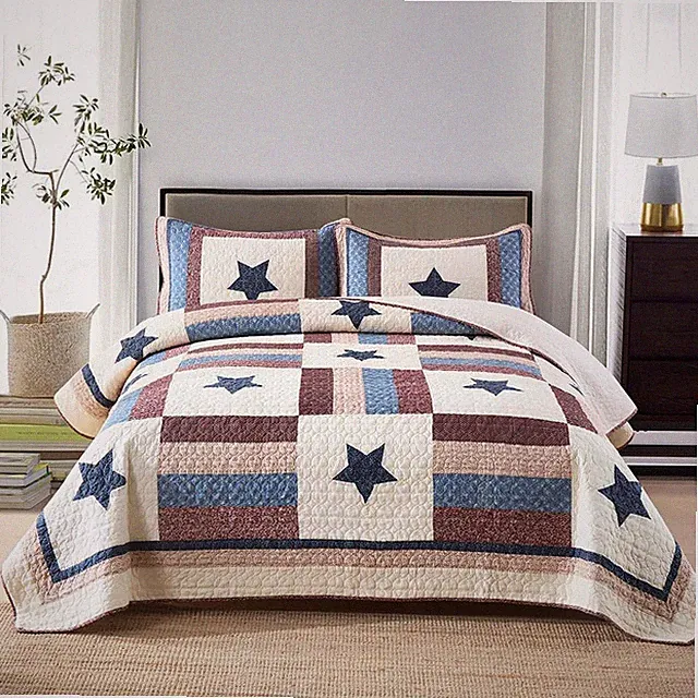 Reversible Cotton Quilt Set for Boys - Star Pattern, Queen Size, 3 Pieces