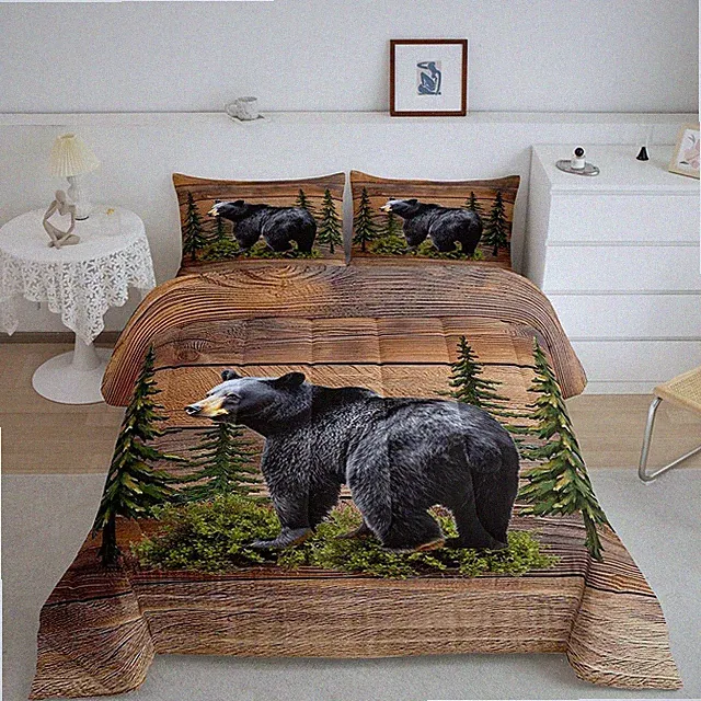 Rustic Bear Bedding Set Queen Size Kids Cabin Comforter Cover for Boys Girls Tee