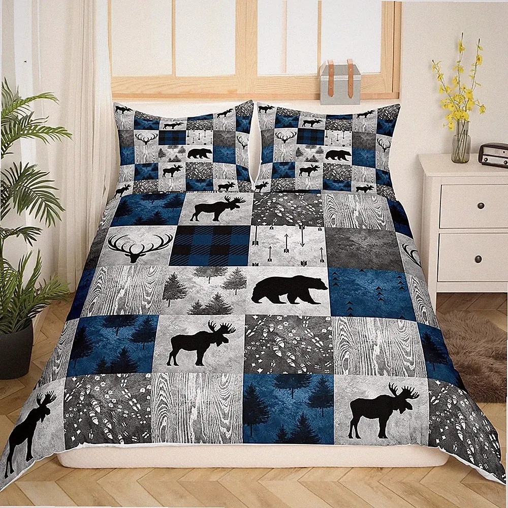 Rustic Bear Duvet Cover Queen for Teens Boys,Happy Camping Bedding Set Cabin Lod