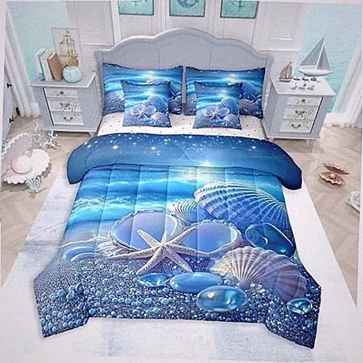 Seashell Comforter Set 7 Pieces Size Beach Bedding Set for Boys Queen Blue