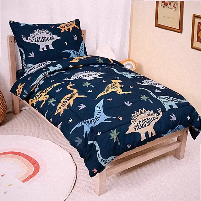 TinyPalsa Toddler Bedding Set, 4-Piece Green Dionosaur Comforter Set for Girls