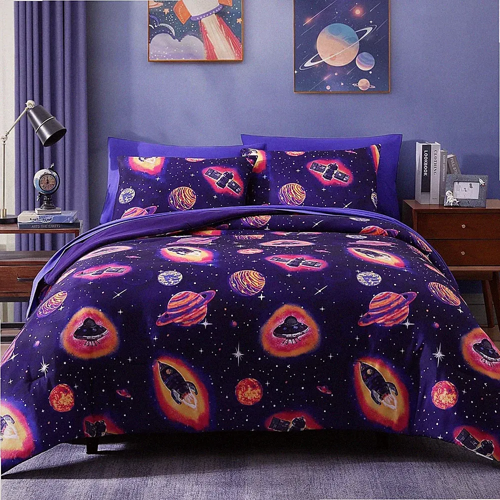 Twin Comforter Set for Boys-5 Pieces Space Rocket Twin Bedding Sets for Kids